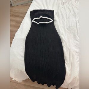 Black Ribbed Knit Strapless Dress with White Trim